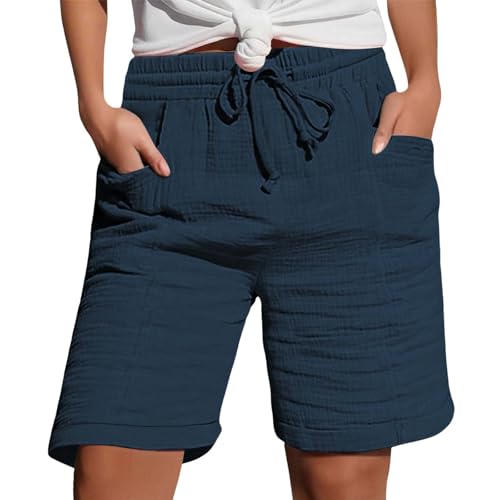 Generisch Shorts Damen Sommer Leinen Musselin Kurze Hose mit Taschen Sport Laufhose Kordelzug Stretch Stoffhose Freizeit Sportshorts von Generisch
