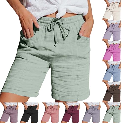 Generisch Shorts Damen Sommer Leinen Musselin Kurze Hose mit Taschen Sport Laufhose Kordelzug Stretch Stoffhose Freizeit Sportshorts von Generisch