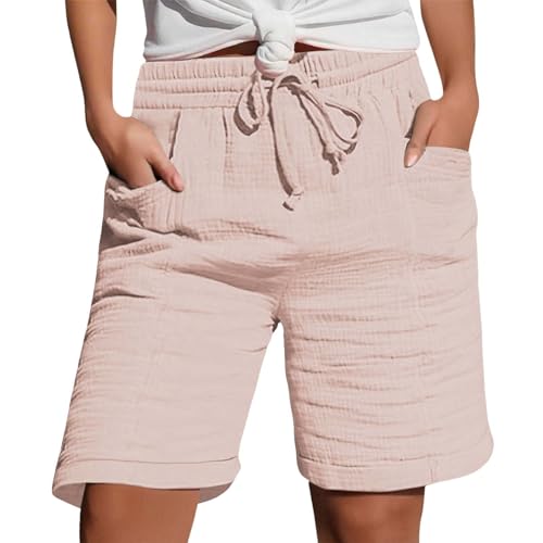 Generisch Shorts Damen Sommer Leinen Musselin Kurze Hose mit Taschen Sport Laufhose Kordelzug Stretch Stoffhose Freizeit Sportshorts von Generisch