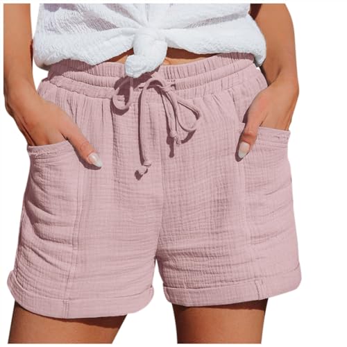 Generisch Shorts Damen Sommer Leinen Musselin Kurze Hose mit Taschen Sport Laufhose Kordelzug Stretch Stoffhose Freizeit Sportshorts von Generisch