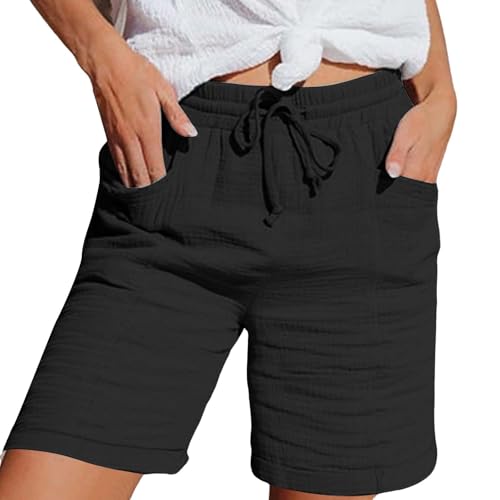 Generisch Shorts Damen Sommer Leinen Musselin Kurze Hose mit Taschen Sport Laufhose Kordelzug Stretch Stoffhose Freizeit Sportshorts von Generisch