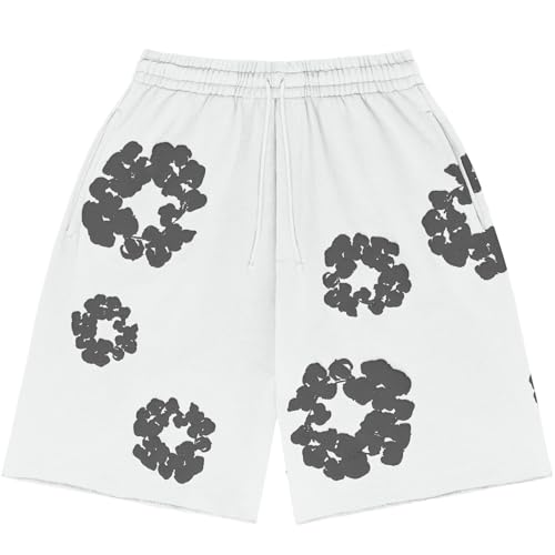 Generisch Shorts Herren Sommer Blume Unisex Y2K Hip Hop Strandshorts mit Taschen Kurze Hose Beach Shorts mit Kordelzug und Taschen Blumendruck Elastische Taille Sportshorts (01 Weiß, M) von Generisch