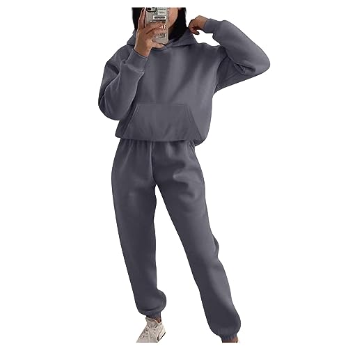 Generisch Skianzug Damen, Kurzarm Jogginganzug Trainingsanzug 2 Teilige Loungewear Sets Mit Rundhalsausschnitt Damen Set Warm Two Piece Women Für Set-Tlg Jogger Baumwolle Set Sport (L, Grau) von Generisch
