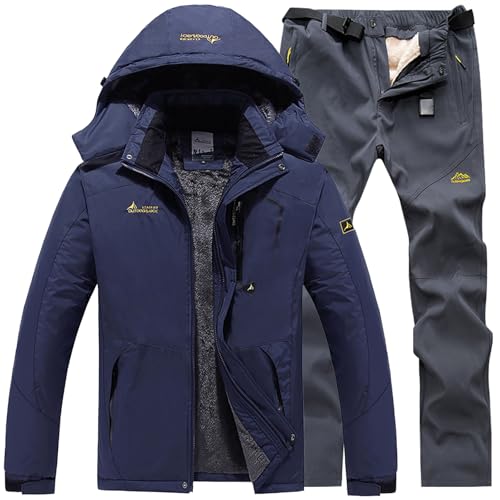 Generisch Skianzug Herren 2 Teilig Set Winddicht Schneeanzug mit Kapuze Skibekleidung Set Wasserdicht Ski Anzug Männer Winter Warm Skijacke Und Hose Thermoanzug Winterjacke Fleece Lined Windjacke von Generisch