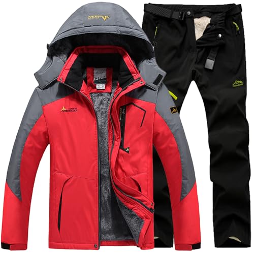 Generisch Skianzug Herren 2 Teilig Set Winddicht Schneeanzug mit Kapuze Skibekleidung Set Wasserdicht Ski Anzug Männer Winter Warm Skijacke Und Hose Thermoanzug Winterjacke Fleece Lined Windjacke von Generisch