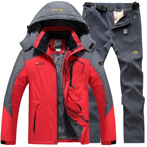Generisch Skianzug Herren 2 Teilig Set Winddicht Schneeanzug mit Kapuze Skibekleidung Set Wasserdicht Ski Anzug Männer Winter Warm Skijacke Und Hose Thermoanzug Winterjacke Fleece Lined Windjacke von Generisch