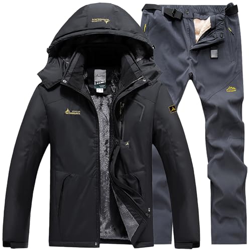 Generisch Skianzug Herren 2 Teilig Set Winddicht Schneeanzug mit Kapuze Skibekleidung Set Wasserdicht Ski Anzug Männer Winter Warm Skijacke Und Hose Thermoanzug Winterjacke Fleece Lined Windjacke von Generisch