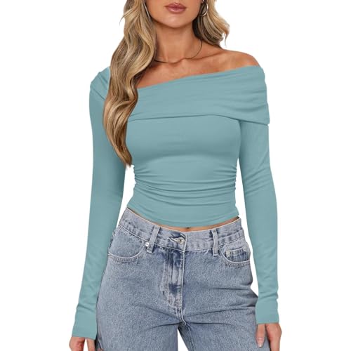 Generisch Skims Dupe, Streetwear Y2K Clothes Shirt Damen Longshirt Sexy Schulterfreies Oberteil Tunika Off Shoulder Langarmshirt Damen Eng Skims Long Sleeve Stockholm Style Top(Blau,L) von Generisch