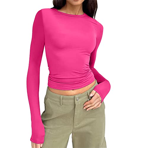 Generisch Skims Top Damen Basic Skims Long Sleeve Crop Tops Elegant Kurz Vintage Langarm Langarmshirt Bauchfreies Oberteil Rundhals Herbst Teenager Mädchen Eng Sexy Longsleeve Y2K Top von Generisch