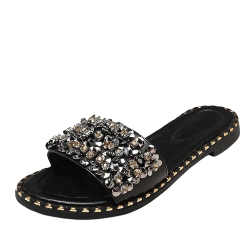 Generisch Slide Sandalen Damen Elegant Glitzer Slippers Mti Strass Peeptoe Sandaletten Flach Leicht Hausschuhe Slip-On Atmungsaktiv Freizeitsandalen Bequem Pantoletten Rutschfest Sommersandalen von Generisch