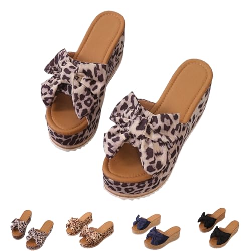 Generisch Slide Sandals for Women Plus Size Bow-Knot Platform Wedge Sandals Summer Dressy Outdoor Beach Sandal Comfortable Open Toe Non-Slip Walking Slippers (Black leopard,41) von Generisch