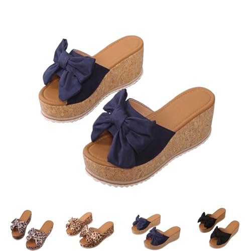 Generisch Slide Sandals for Women Plus Size Bow-Knot Platform Wedge Sandals Summer Dressy Outdoor Beach Sandal Comfortable Open Toe Non-Slip Walking Slippers (Blue,38) von Generisch