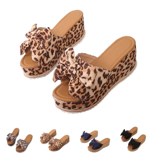 Generisch Slide Sandals for Women Plus Size Bow-Knot Platform Wedge Sandals Summer Dressy Outdoor Beach Sandal Comfortable Open Toe Non-Slip Walking Slippers (Brown leopard,37) von Generisch