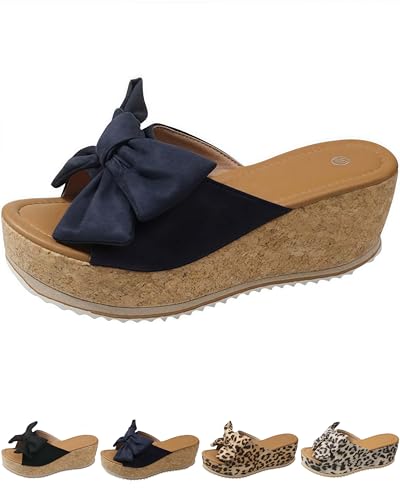 Generisch Slide Sandals for Women Plus Size Bow-Knot Platform Wedge Sandals Summer Outdoor Beach Sandal Open Toe Non-Slip Slippers (Blue,38) von Generisch