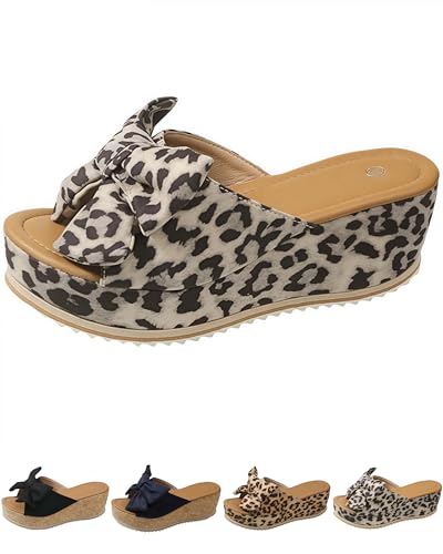 Generisch Slide Sandals for Women Plus Size Bow-Knot Platform Wedge Sandals Summer Outdoor Beach Sandal Open Toe Non-Slip Slippers (Khaki,38) von Generisch