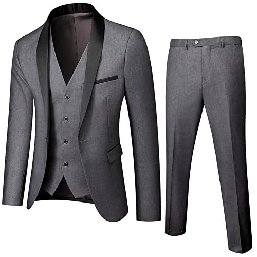 Generisch Slim Fit 3 Teiliges Anzug Set für Herren Feste Formelle Hochzeits Smoking Anzüge mit Einem Knopf Schal Revers Stilvolle Party Blazer Weste Hose (Dunkelgrau,M) von Generisch