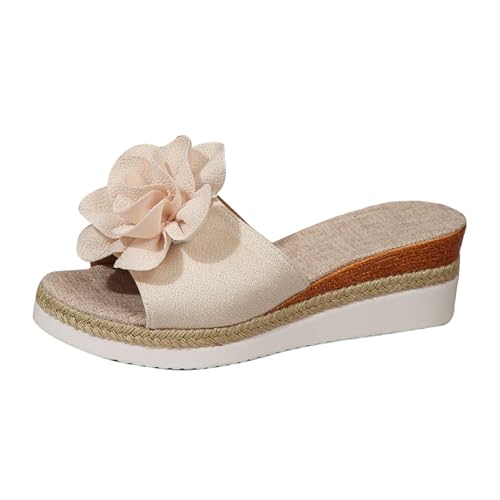 Generisch Slippers Damen Pantoletten Keilabsatz -Absatz Schlappen Elegant Bequeme Pantoffeln Bohemian Sandalette Dicke Sohle Linen Geflochtene Hauslatschen Lose Casual Pantolette Blumen Keilabsatz von Generisch