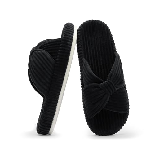 Generisch Slippers for Women Memory Foam House Bedroom Corduroy Bow Crossbands Slide Slipper Shoes Comfy Trendy Gift Slippers (schwarz2,39) von Generisch