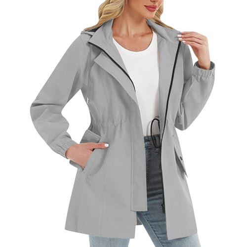 Generisch Softshelljacke Damen Outdoor Jacke Mit Abnehmbare Kapuze & Taillenzug Übergangsjacke Atmungsaktiv Windbreaker Regenjacke Wasserdicht Windjacke Elegant Jacken für Frauen Wanderjacke Gray M von Generisch