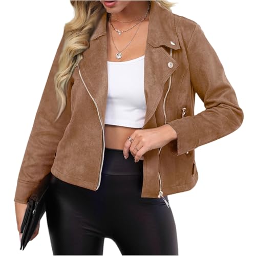 Generisch Leichte Sommerjacke Damen Wildleder-Kunstleder Wildlederjacke Biker-Jacke Kühl Kreuz-Reißverschluss Kurzer Mantel Herbstmode Outdoorjacke übergangsjacken von Generisch