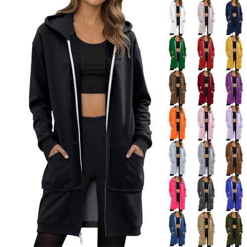 Generisch Softshelljacke Für Damen mit Kapuze Reißverschluss Sweatjacke Damen Lang mit Taschen und Kordelzug Sport Oversize Hoodie Kapuzenjacke Softshell Herbst Fleecejacke Winterjacke von Generisch