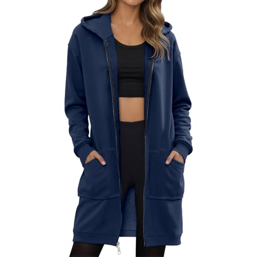 Generisch Softshelljacke Für Damen mit Kapuze Reißverschluss Sweatjacke Damen Lang mit Taschen und Kordelzug Sport Oversize Hoodie Kapuzenjacke Softshell Herbst Fleecejacke Winterjacke von Generisch