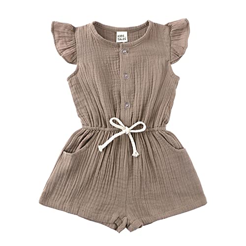 Generisch Sommer 1 Stück Outfit Neugeborenes Baby Mädchen Button Up Baumwolle Leinen Strampler Overall Fly Sleeve Solid Playsuit Kleidung Regen Overall Kinder (Khaki, 1-2 Jahre) von Generisch