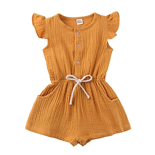 Generisch Sommer 1 Stück Outfit Neugeborenes Baby Mädchen Button Up Baumwolle Leinen Strampler Overall Fly Sleeve Solid Playsuit Kleidung Regen Overall Kinder (Yellow, 1-2 Jahre) von Generisch