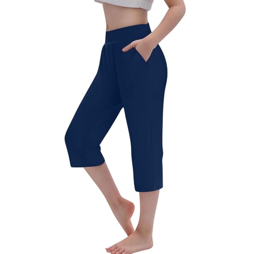 Generisch Sommer 3/4 Capri Hose Mädchen Baumwolle Kurze Hosen Dreiviertel Elegant Sommerhose Einfarbig Mode Sweathose Elastische Taille Jogginghose mit Taschen Sporthose Leicht Bequem Strandhose von Generisch