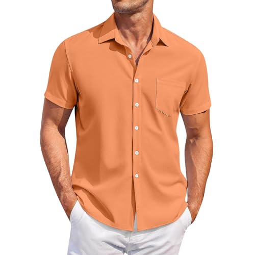 Generisch Sommer Hemd Herren, Kurzarm Einfarbig Sommerhemd Freizeithemd Business Männer Basic Shirts Mit Brusttasche Blumen Herren Leinenhemd Modische Hemden Freizeit (M, Orange) von Generisch