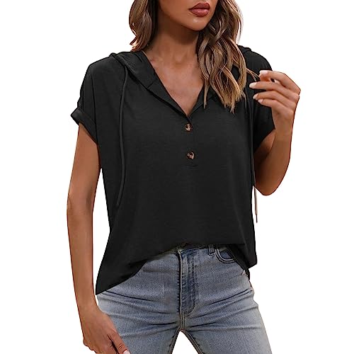 Generisch Sommer-Kurzarm-Hoodie mit verstellbarem Kordelzug und V-Ausschnitt Knopfverschluss, Damen T-Shirt, Oberteile, Sweatshirt mit Kapuze (Black, L) von Generisch