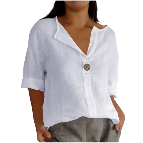Generisch Sommer Leinenbluse Damen 3/4 Arm Luftige Musselin Shirt V Ausschnitt Knopf Bluse Chic Locker Einfarbig Shirt Leicht Modische Bequemer Oberteile Lässig Strand Top von Generisch