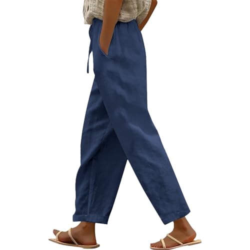 Generisch Sommer Leinenhose Damen 7/8 Leichte Freizeithose Casual Musselin Sommerhose Stoffhose Kordelzug Straight Leg Luftig Hose Mit Taschen von Generisch