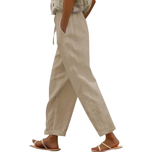 Generisch Sommer Leinenhose Damen 7/8 Leichte Freizeithose Casual Musselin Sommerhose Stoffhose Kordelzug Straight Leg Luftig Hose Mit Taschen von Generisch