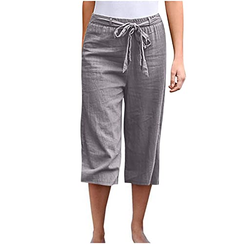 Generisch Sommer Leinenhose Damen Bequeme 3/4 Hose Sommerhosen Damen Leicht Luftig High Waist Drawstring Strandhose Freizeithose Capri Musselin Stoffhose Lockere Lounge Hose Mit Kordelzug Taschen von Generisch