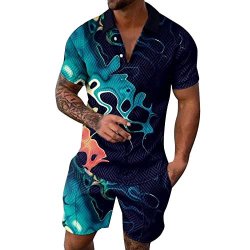 Generisch Sommer Outfit Herren 2 Teiler Freizeitanzug Kurzarm Poloshirt + Kurze Hose Bedruckter Tracksuit MäNner Polohemd Mit Laufshorts Trainingsanzug Streetwear Clothes Herren Trainingsanzug von Generisch