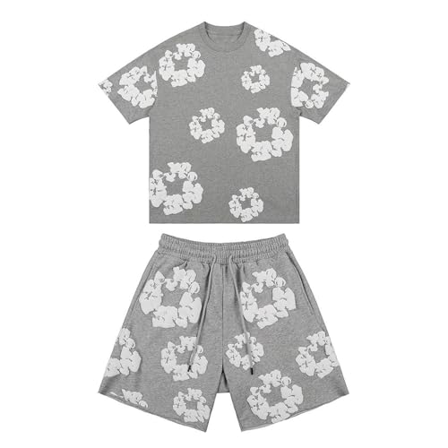 Generisch Sommer Outfit Herren Jogginganzug Trainingsanzug Sportanzug Männer Baumwolle Activewear 2 Teiler Y2K Hip Hop Streetwear Tracksuit Kurze Hosen T-Shirts Sets 80er Jahre Outfit Hippie Kostüm von Generisch