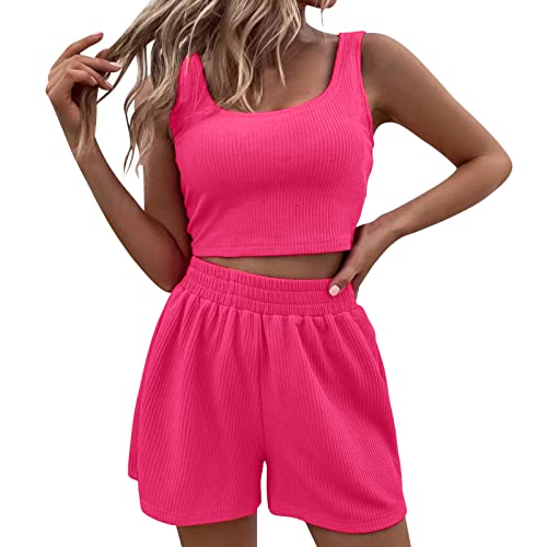 Generisch Sommer Outfits Damen Zweiteiler Sommer Hosenanzug Elegant Outfits Kleidung 2 Teiler Set Crop Tank Top + Shorts Y2k Aesthetic Clothes Workout Sport Anzug a-Rosa M von Generisch
