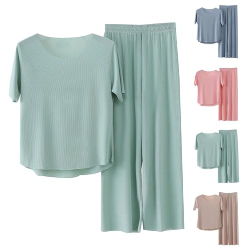 Generisch Sommer Schlafanzug Damen Kurz Eisseide Zweiteiliger Pyjama Set Loungewear - Kurzarm NachtwäSche Einfarbig Sleepwear Hausanzug Leichtes Bequemes Casual von Generisch