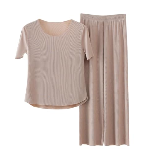 Generisch Sommer Schlafanzug Damen Kurz Eisseide Zweiteiliger Pyjama Set Loungewear - Kurzarm NachtwäSche Einfarbig Sleepwear Hausanzug Leichtes Bequemes Casual von Generisch