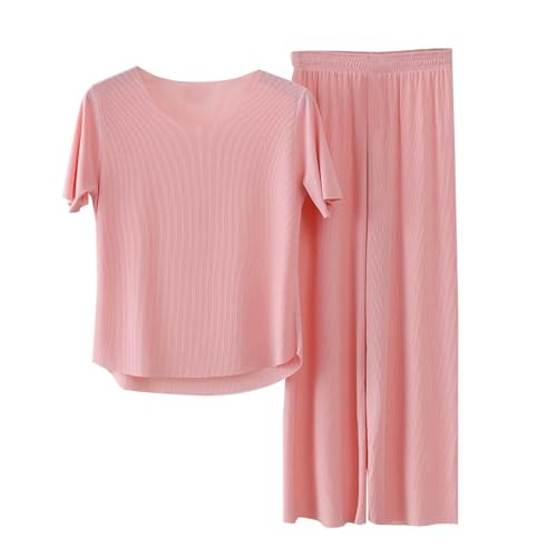 Generisch Sommer Schlafanzug Damen Kurz Eisseide Zweiteiliger Pyjama Set Loungewear - Kurzarm NachtwäSche Einfarbig Sleepwear Hausanzug Leichtes Bequemes Casual von Generisch
