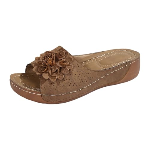 Generisch Sommer Schlappen Damen Keilabsatz Slip-On Sandaletten Fischmund Pantoffel Peeptoe Sandalen Weichen Sohlen Slippers Flach Bequem Damensandalen Mit Blumenmuster Slingback Sommersandalen von Generisch