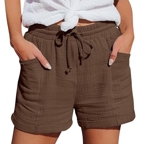 Generisch Sommer Shorts Damen Leinen Baumwolle Elastische Taille Mit Kordelzug Mit Taschen Freizeit Kurze Hose Mode Leichte Bequeme Beinhose Lockere Weich Stoffhose Einfarbig Beach Sport Shorts von Generisch