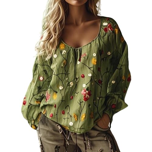 Generisch Sommer Tunika Damen-Hippie Bluse Frauen Sommer Langarm V-Ausschnitt Vintage-Stil Boho Blumenhemd mit lockere Blumenmuster Tunika Damen-Oberteil Blusenshirt Ausgefallene Strandhemd von Generisch