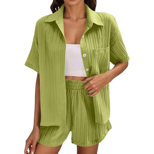Generisch Sommer Zweiteiler Damen Elegant Musselin Bluse Und Shorts, Aesthetic Lounge Set Baumwolle Sportanzug Oversize Freizeitanzug Langarm Hausanzug Clothes Entspannte Set von Generisch