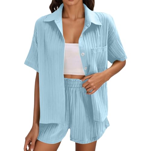 Generisch Sommer Zweiteiler Damen Elegant Musselin Bluse Und Shorts, Aesthetic Lounge Set Baumwolle Sportanzug Oversize Freizeitanzug Langarm Hausanzug Clothes Entspannte Set von Generisch
