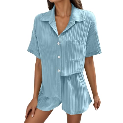 Generisch Sommer Zweiteiler Damen Elegant Musselin Bluse Und Shorts, Aesthetic Lounge Set Baumwolle Sportanzug Oversize Freizeitanzug Langarm Hausanzug Clothes L-XXL von Generisch