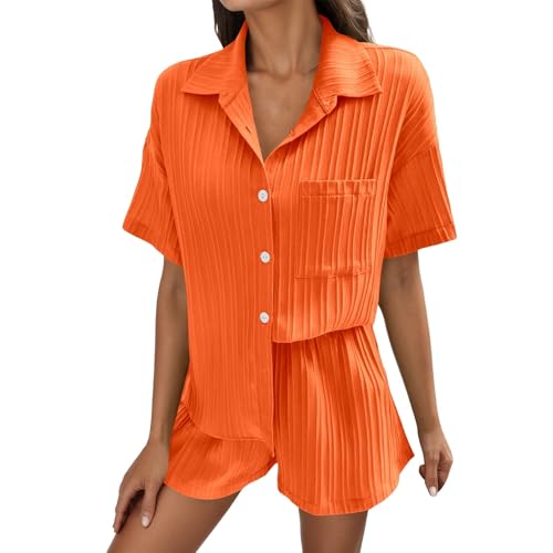 Generisch Sommer Zweiteiler Damen Elegant Musselin Bluse Und Shorts, Aesthetic Lounge Set Baumwolle Sportanzug Oversize Freizeitanzug Langarm Hausanzug Clothes L-XXL von Generisch