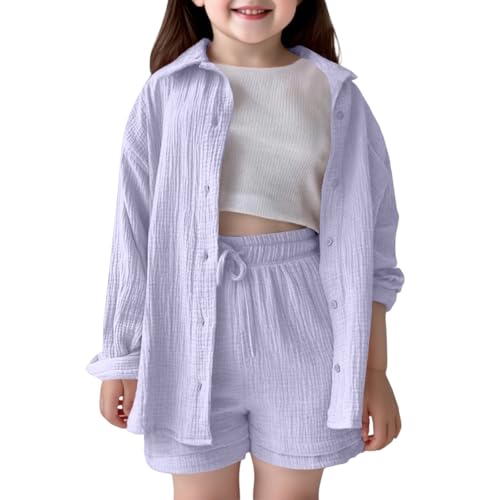 Generisch Sommer Zweiteiler Mädchen Kinder Musselin Bluse Hemd Und Tunnelzug Shorts Zweiteiler Set Baumwolle Strand Outfits Baggy Einfarbig Freizeitanzug Langarm Hausanzug Light Purple 130 von Generisch