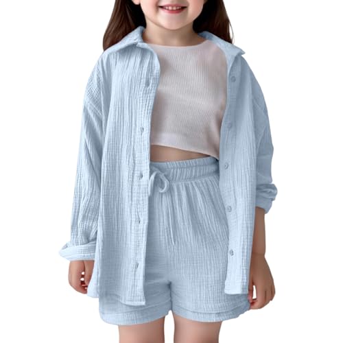 Generisch Sommer Zweiteiler Mädchen Kinder Musselin Bluse Hemd Und Tunnelzug Shorts Zweiteiler Set Baumwolle Strand Outfits Baggy Einfarbig Freizeitanzug Langarm Hausanzug von Generisch